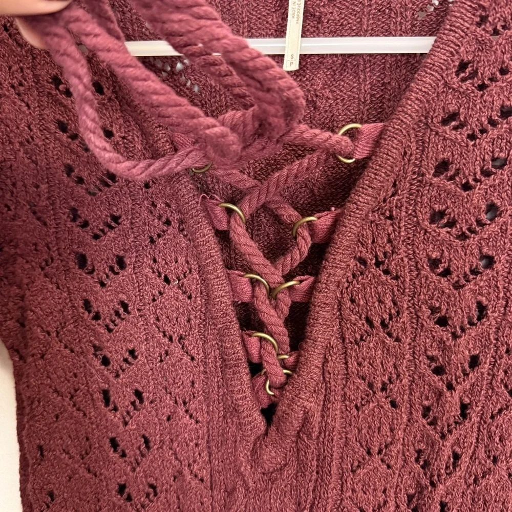 Free People Sweater Womens Small Maroon See Through Knit Lace Up Vneck
